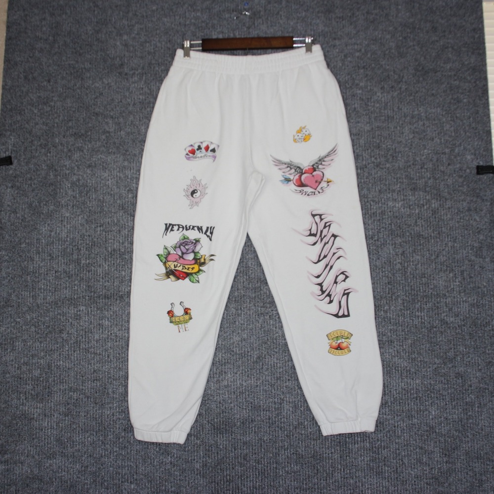 Forever 21‎ White Tattoo Graphic Sweatpants Joggers Lounge Pants Size L Y2K